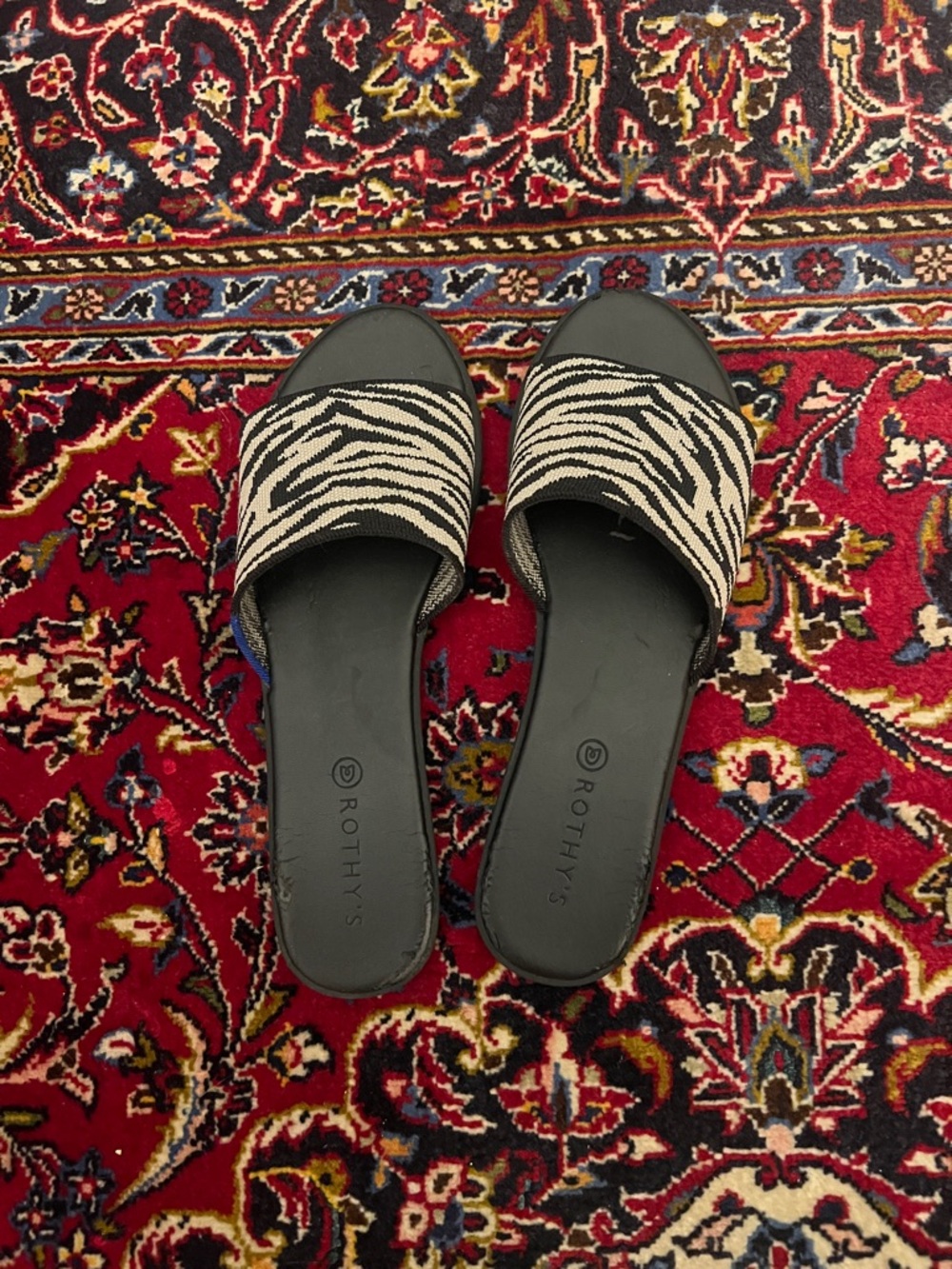 Rothy's Black and Cream Zebra Print Slide Mules